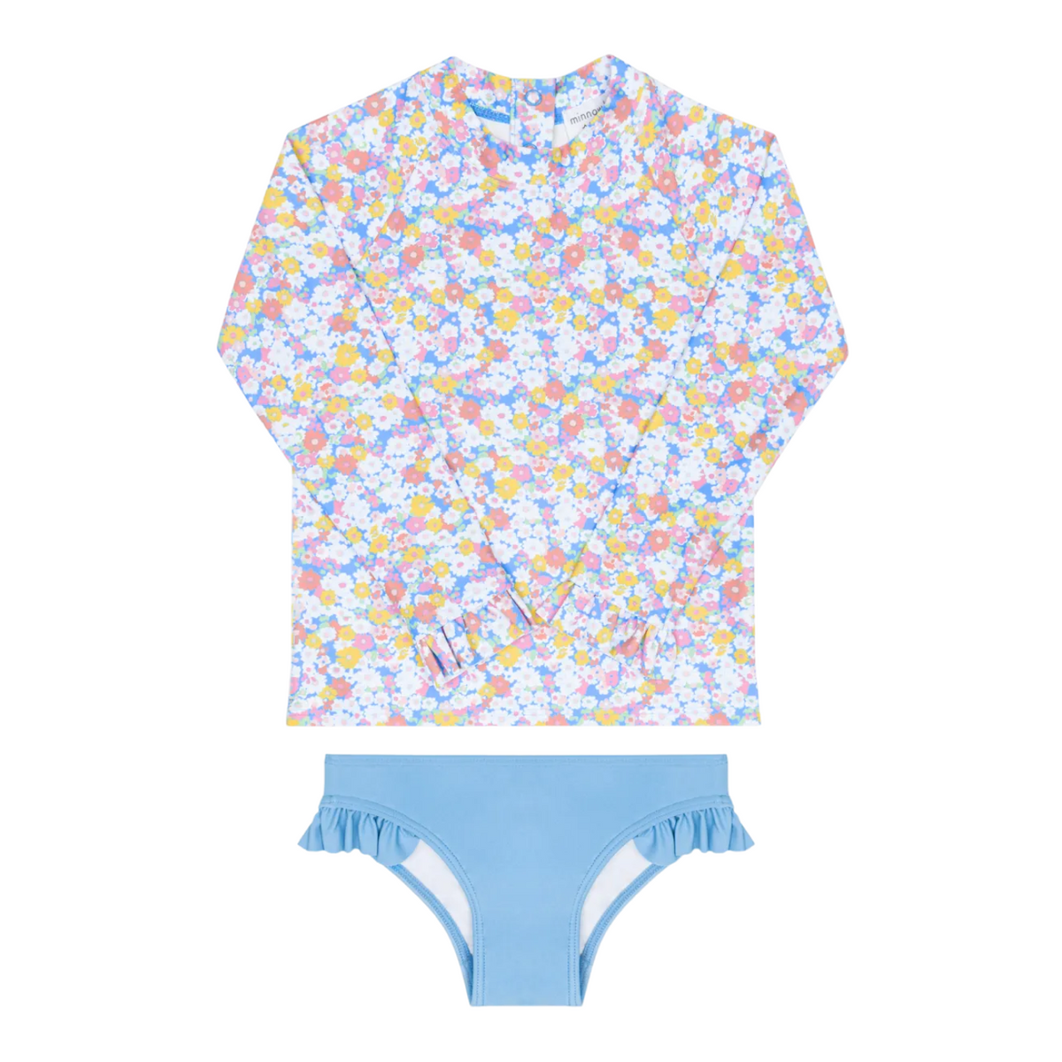 Front view of Girls’ Jasmine Blossom rashguard set with long-sleeve floral top and light-blue ruffle bikini bottom on white
