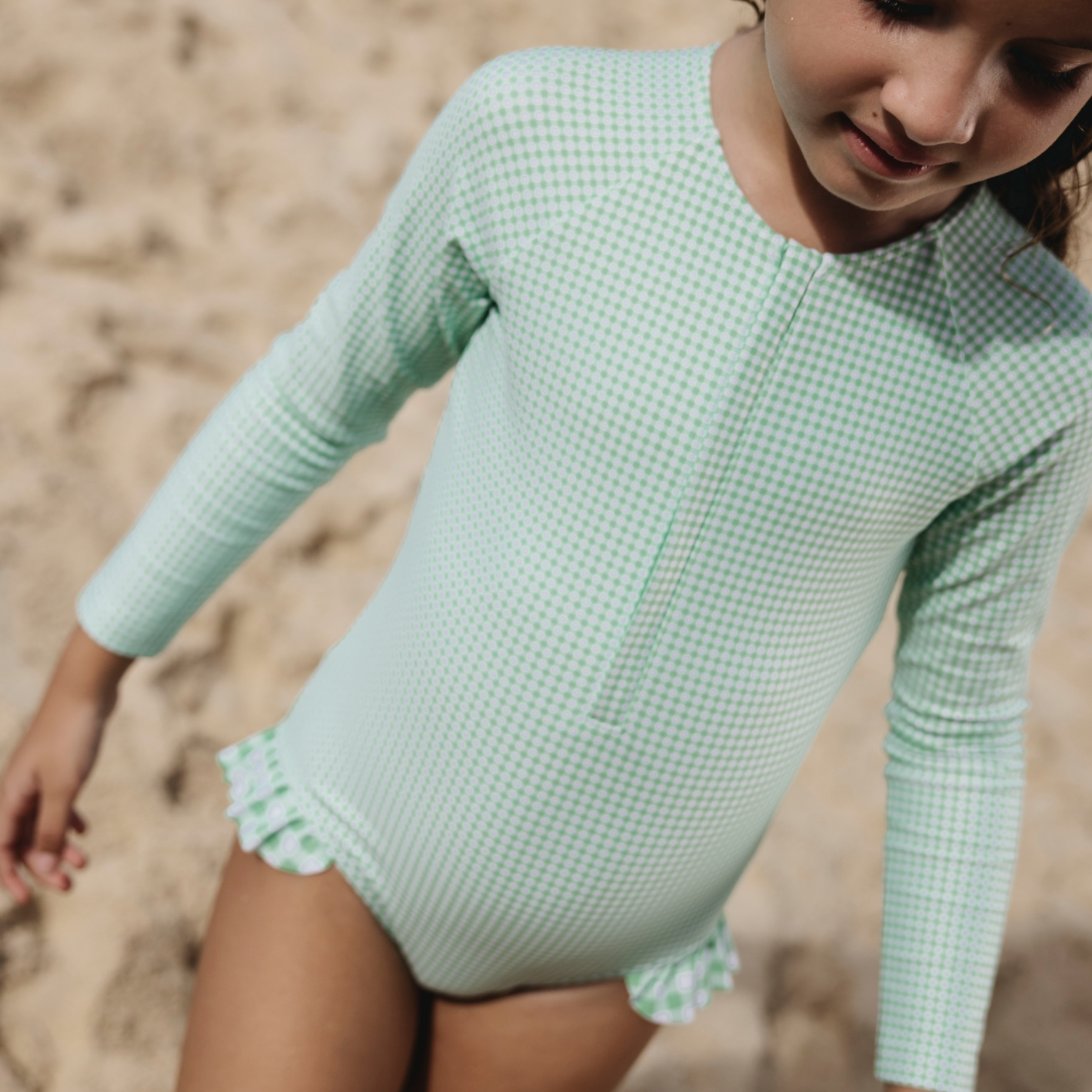 Girl’s Gustavia Gingham Front Zip Rashguard One Piece