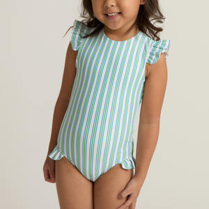 Girl’s Tamarin Stripe Ruffle Cap Sleeve One Piece