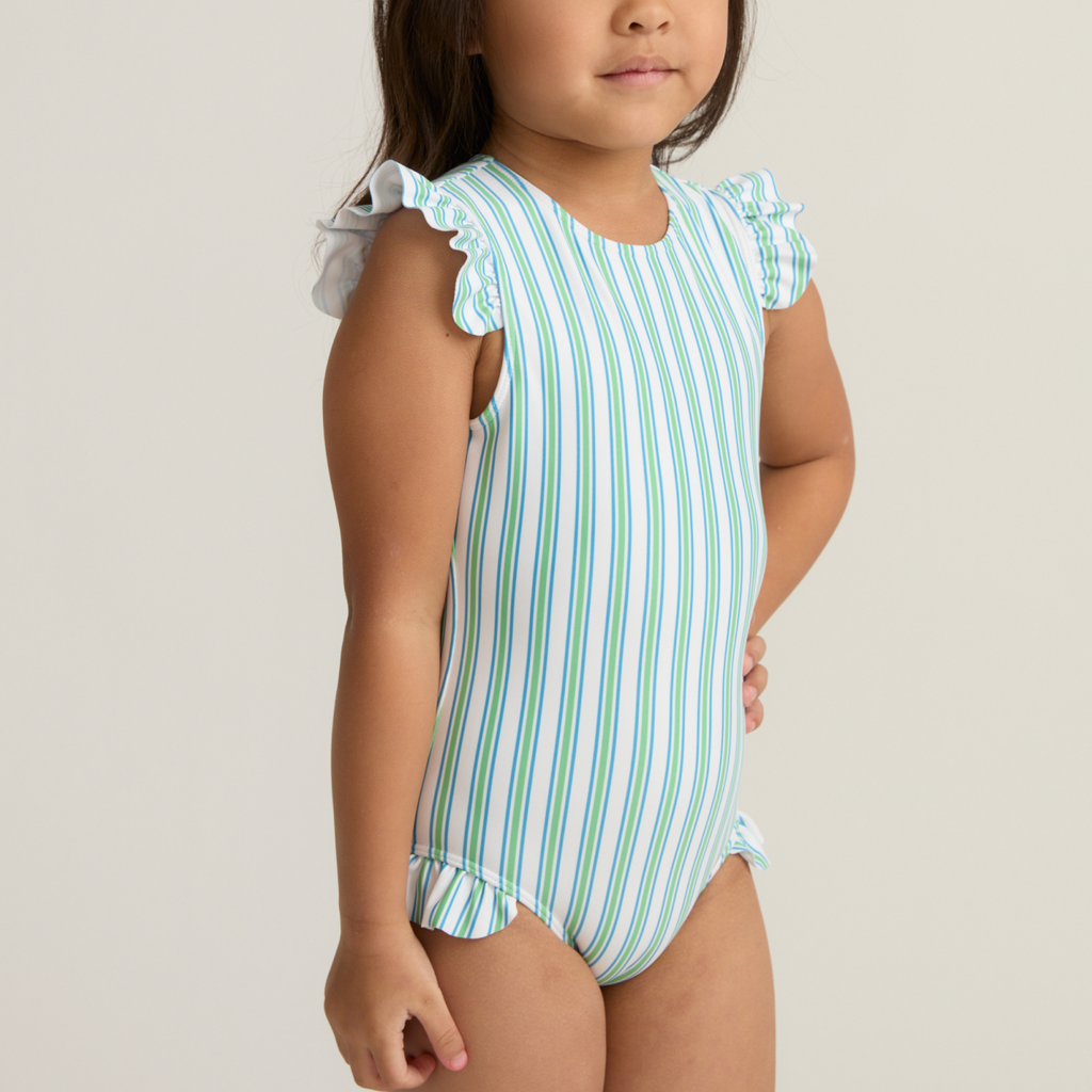 Girl’s Tamarin Stripe Ruffle Cap Sleeve One Piece