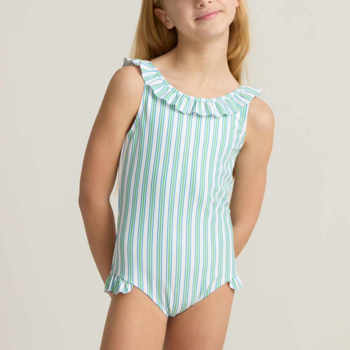Girl’s Tamarin Stripe Ruffle Collar One Piece