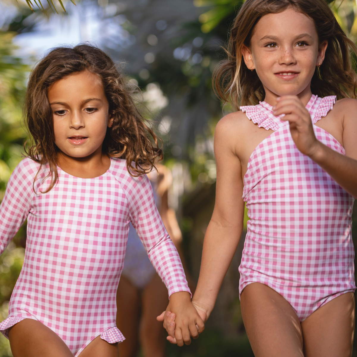 Girl’s Blush Gingham V-Neck Crossover One Piece