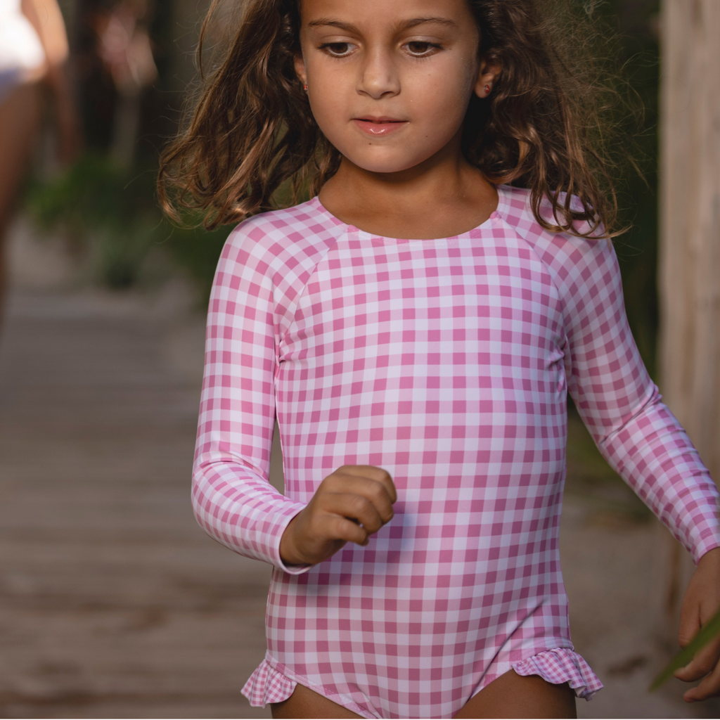 Girl’s Blush Gingham Rashguard One Piece