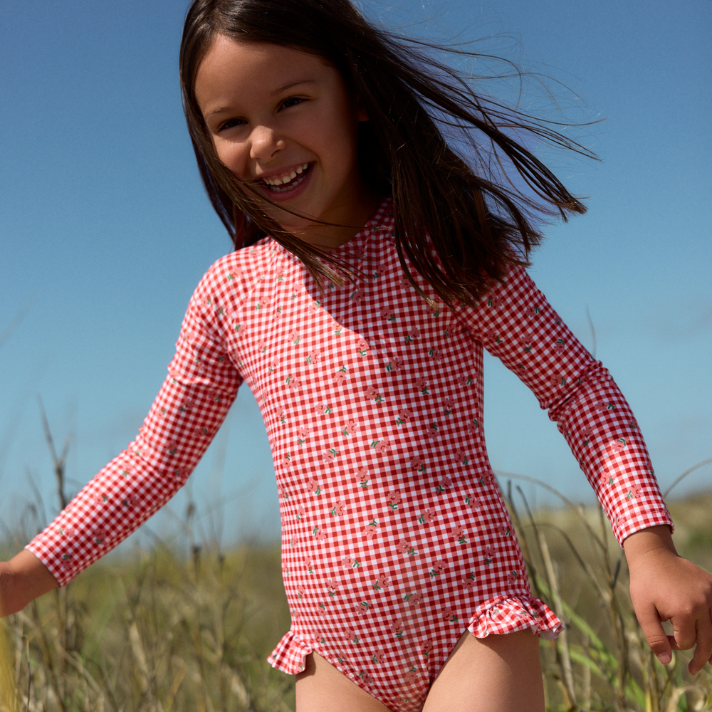 Girls Cranberry Gingham Rashguard One Piece