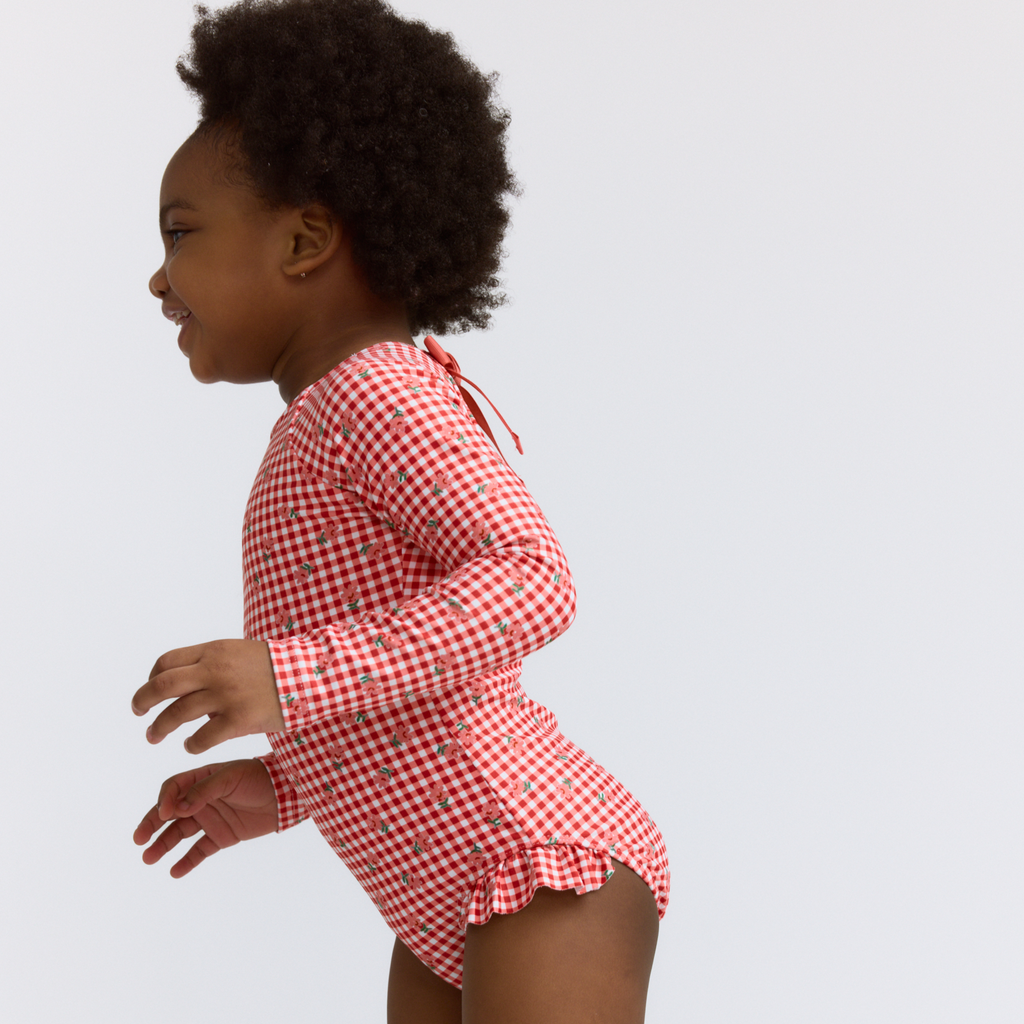 Girls Cranberry Gingham Rashguard One Piece