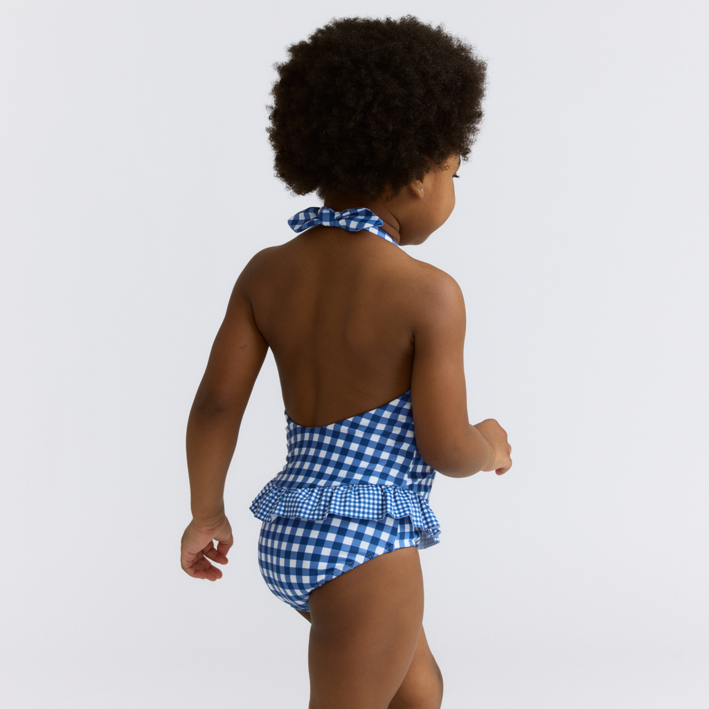 Girls Navy Picnic Gingham Ruffle Halter One Piece