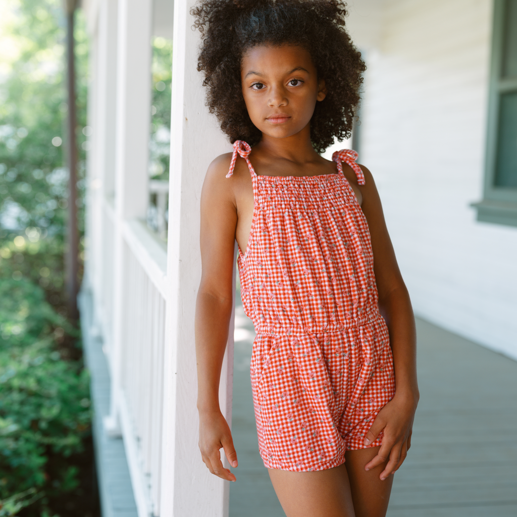 Girls Cranberry Gingham French Terry Romper