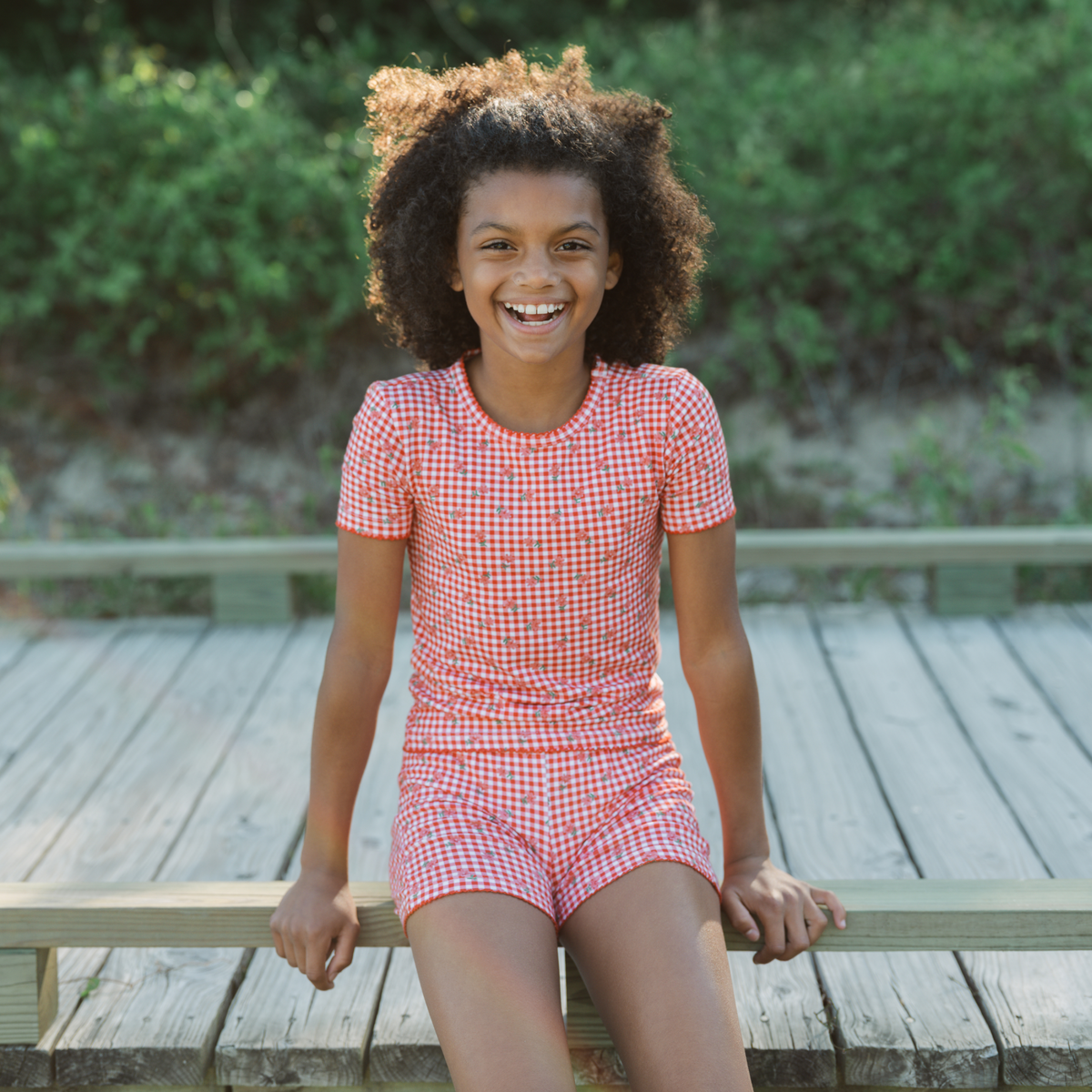 Girls Cranberry Gingham Shirt And Short Pima Pajamas Set