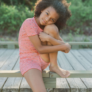 Girls Cranberry Gingham Shirt And Short Pima Pajamas Set