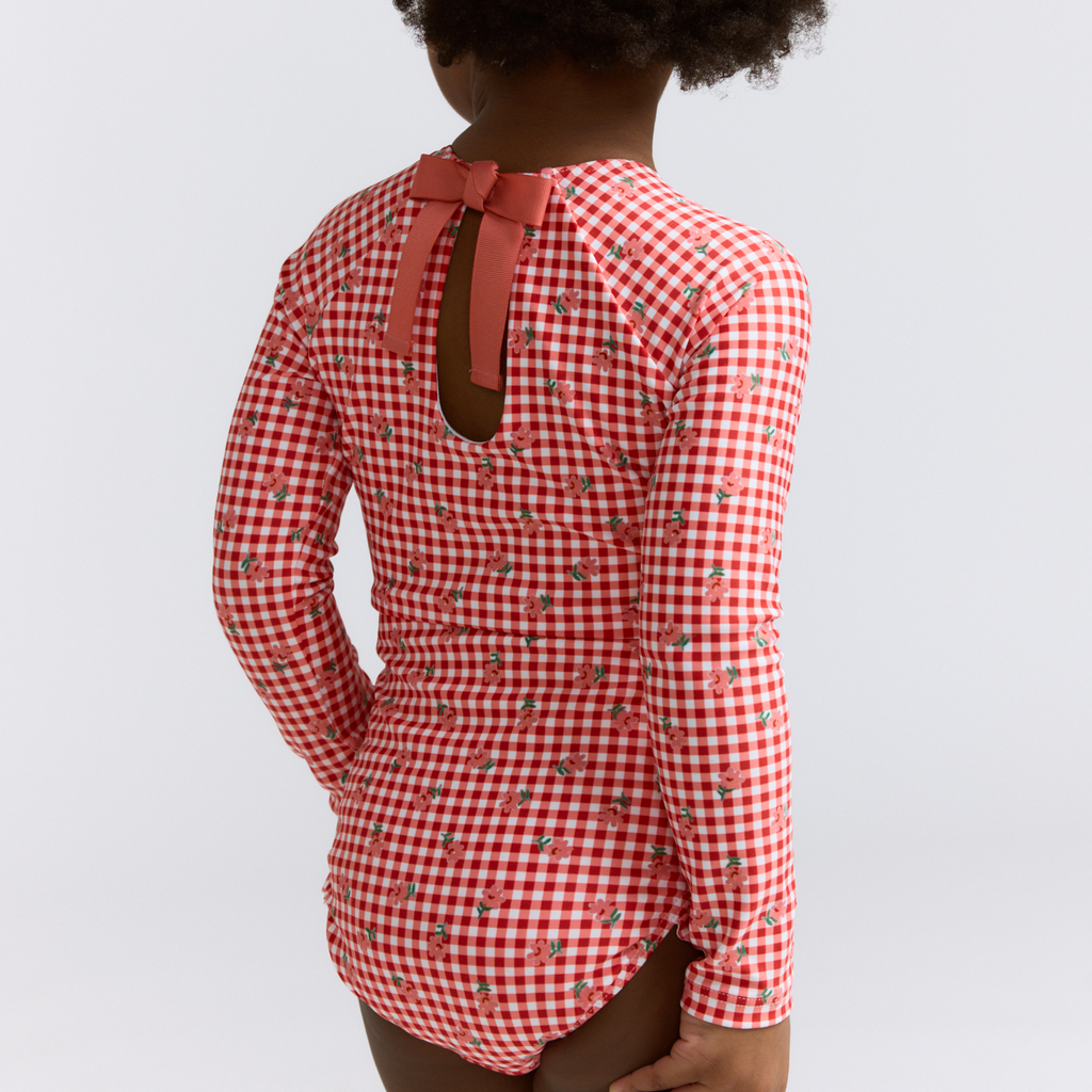 Girls Cranberry Gingham Rashguard One Piece