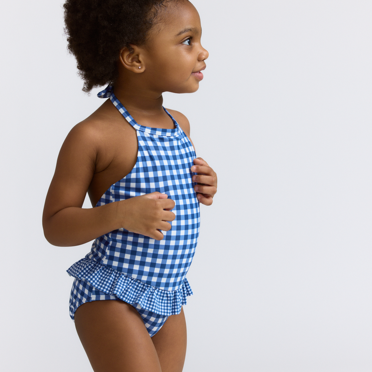 Girls Navy Picnic Gingham Ruffle Halter One Piece