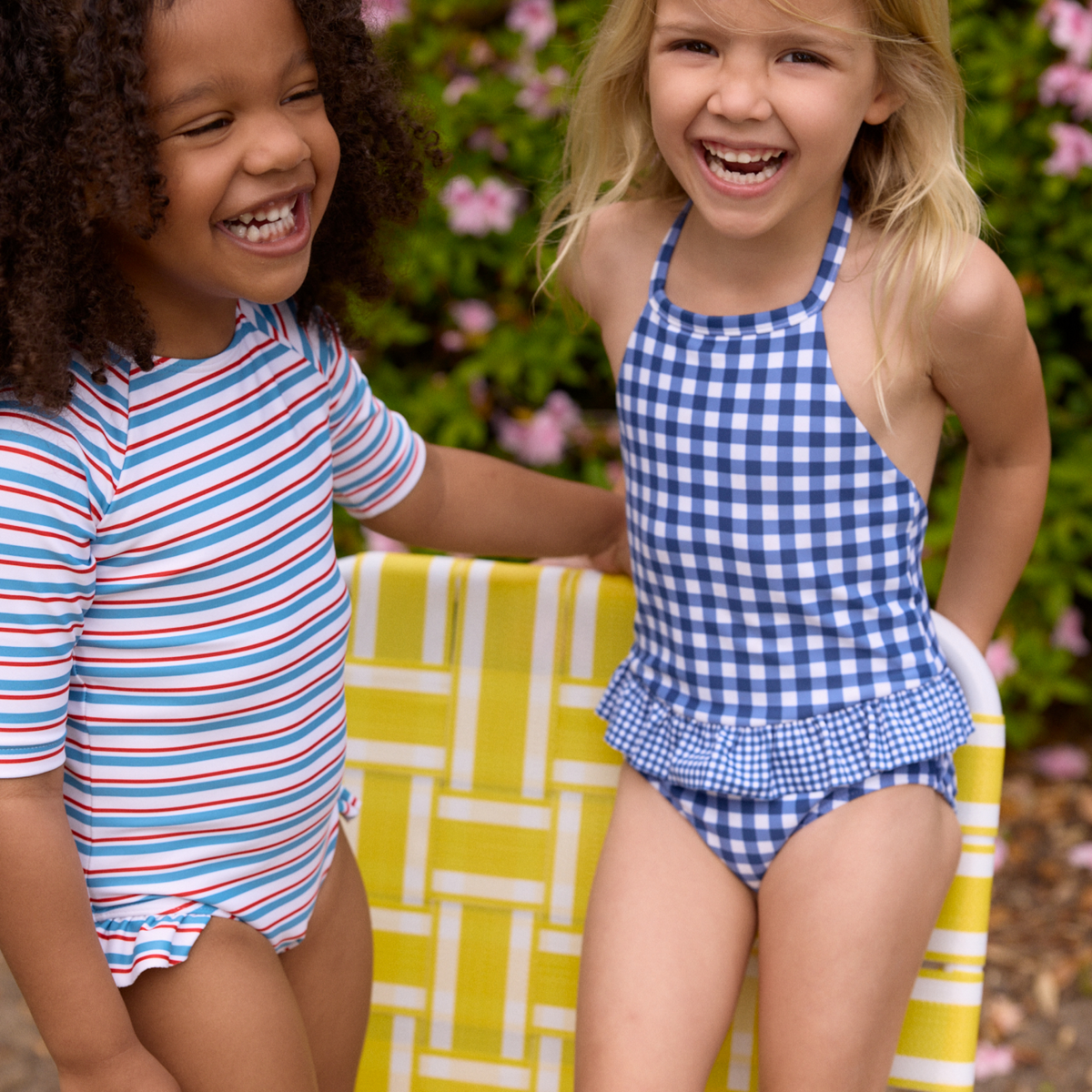 Girls Navy Picnic Gingham Ruffle Halter One Piece