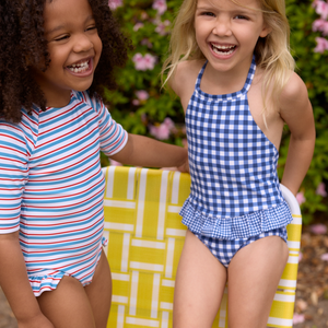 Girls Navy Picnic Gingham Ruffle Halter One Piece