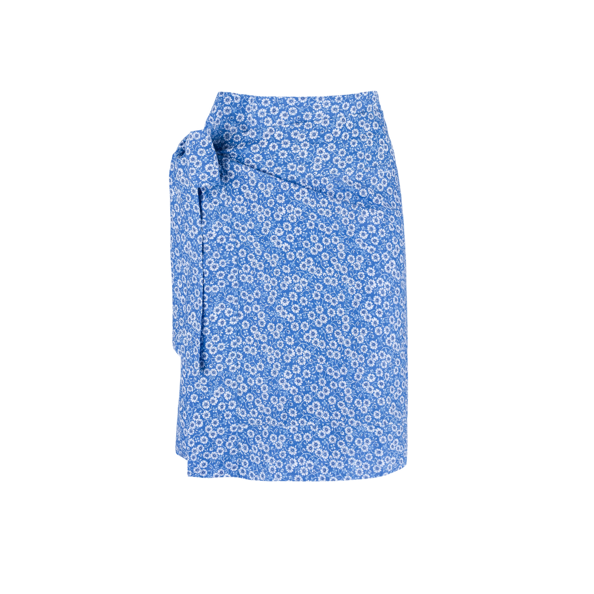 Front view of Women’s Rosebay Short Pareo showcasing blue floral print and wrap styling with a white background