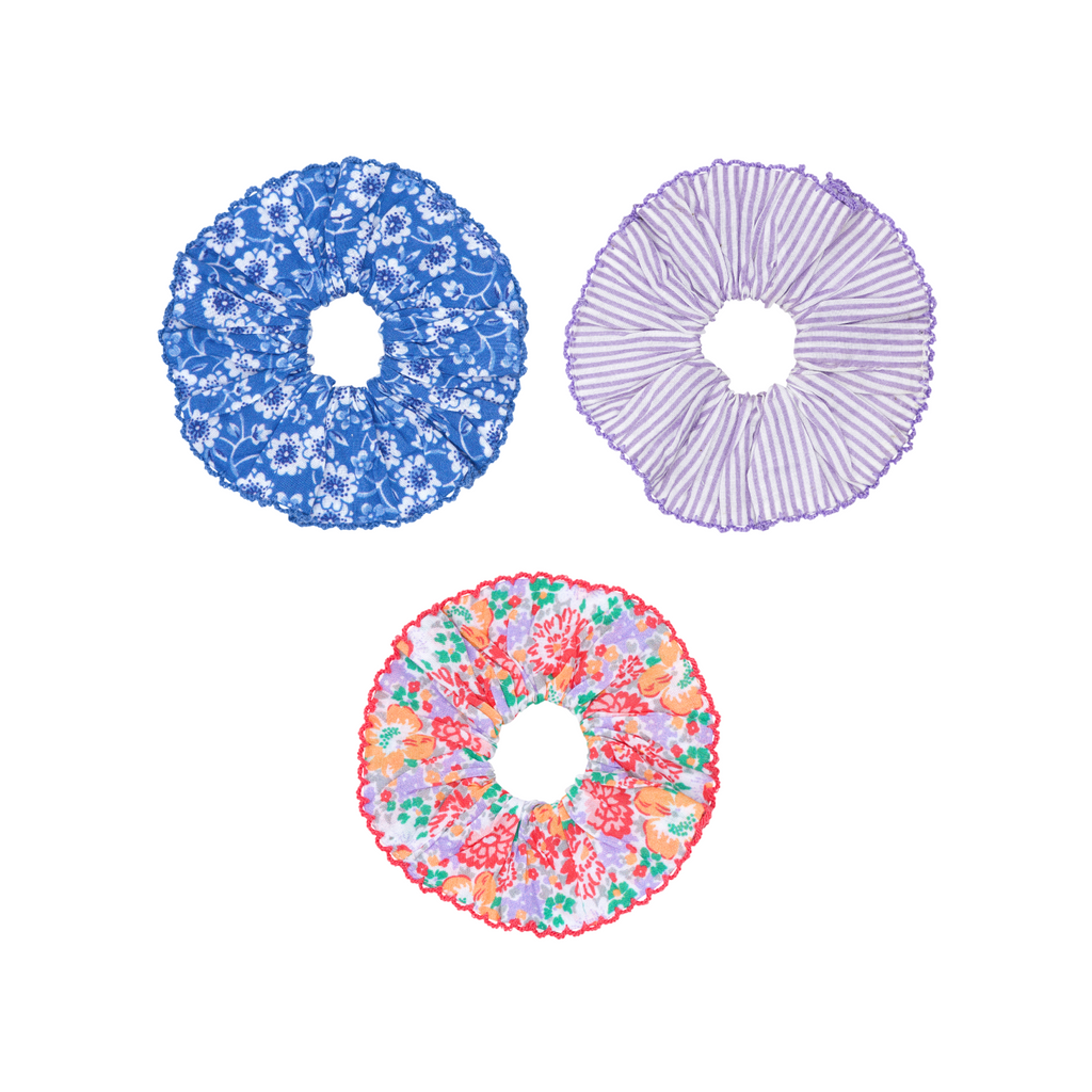 Set Of Hair Scrunchies In Rosebay, Lavender Stripe And Island Blossom