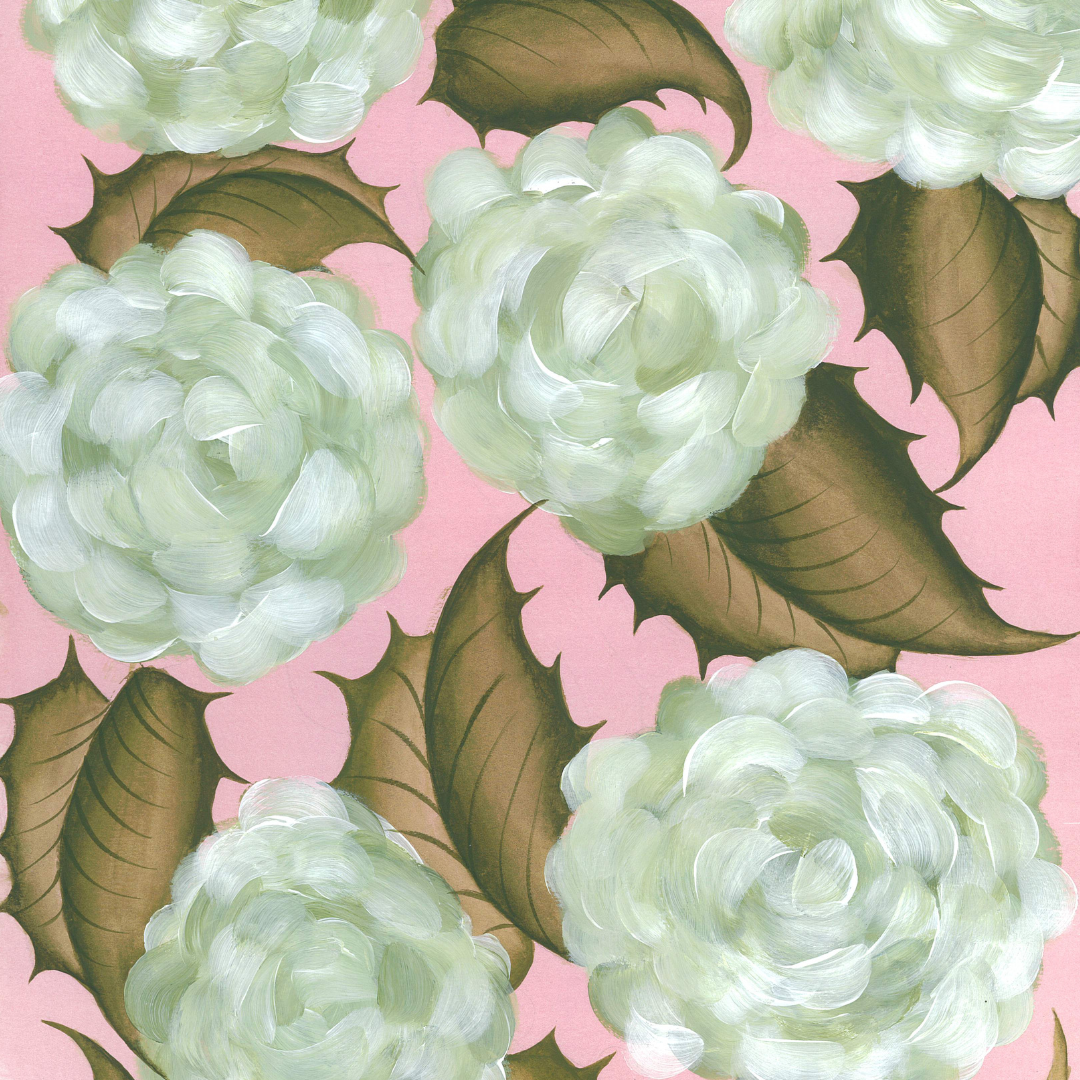 Frontal view of Hydrangeas En Fleur original gouache showcasing pale green hydrangea blooms and brown leaves on pink background