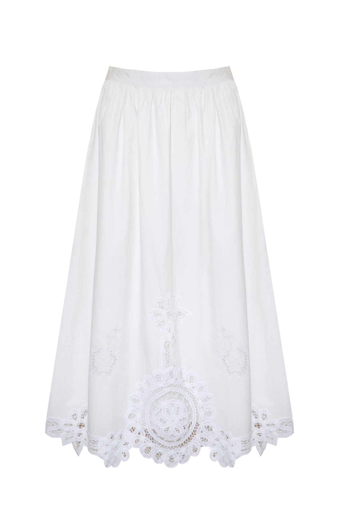 The Corrine midi skirt has intricate embroidery detailing and an eye-catching lace scalloped hem.