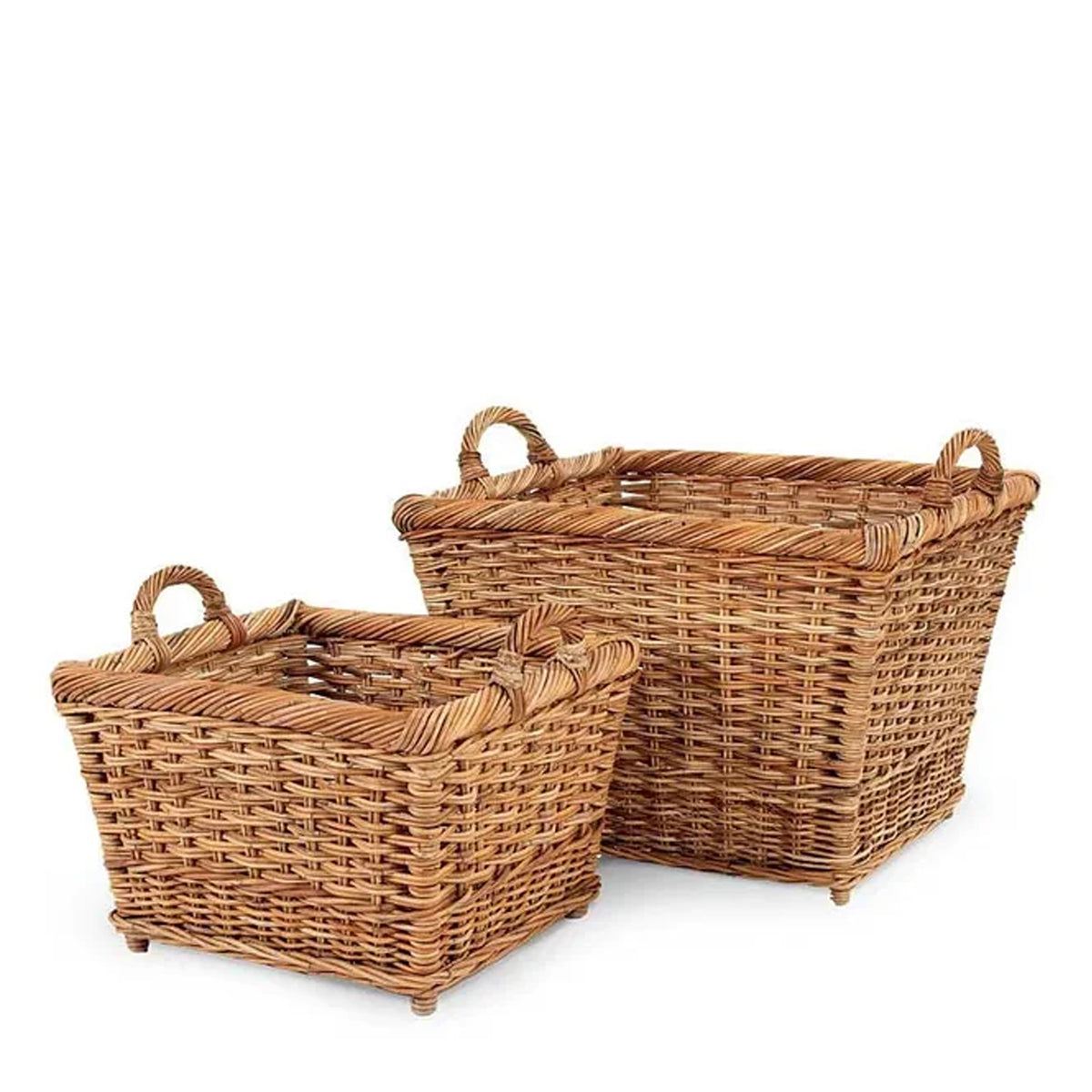 Front view of French country wicker hearth basket set, two rectangular woven rattan baskets with loop handles on white background