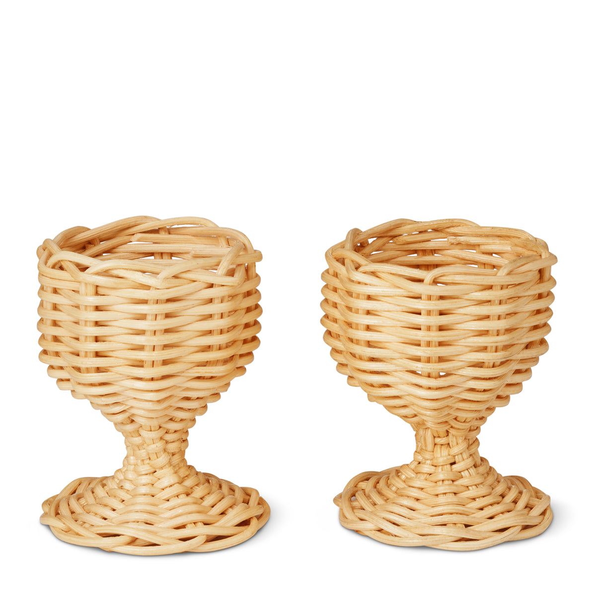 Front view of Freya Egg Cups, Set of 2 showcasing hand-woven wicker with looped edging on white background