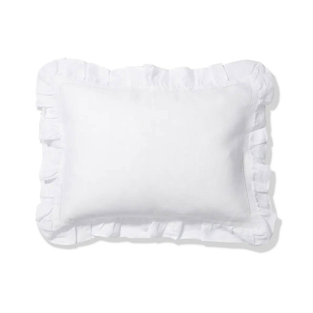 Front view of the white linen boudoir pillow showcasing its frill edge against a white background