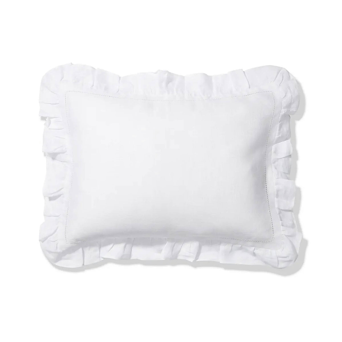 Front view of the white linen boudoir pillow showcasing its frill edge against a white background