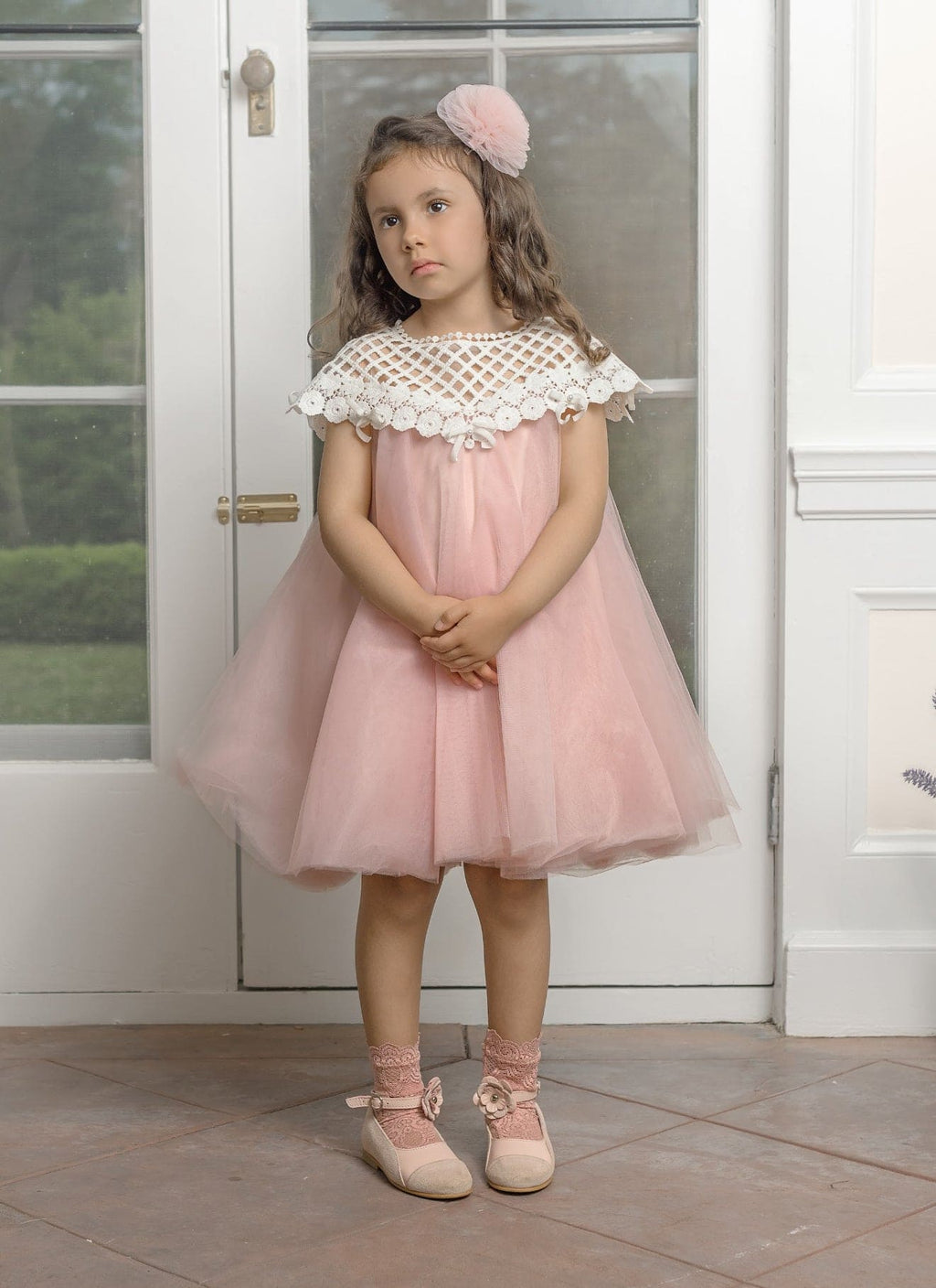 Girls pink tulle dress with lace bodice for special occasions