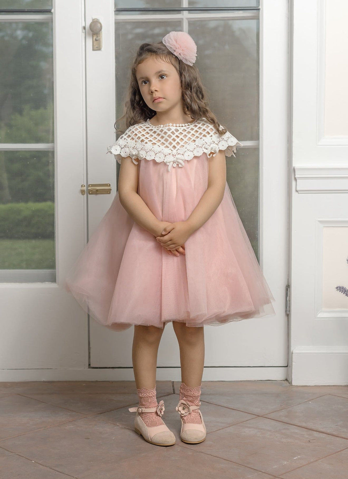 Girls pink tulle dress with lace bodice for special occasions