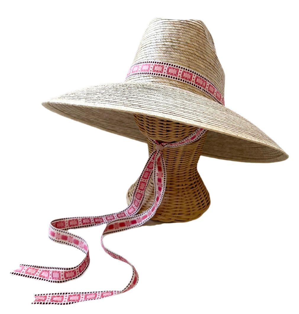 Hollyhock Sun Hat in Vintage Pink Geometric Ribbon with Rose Quartz Toggle