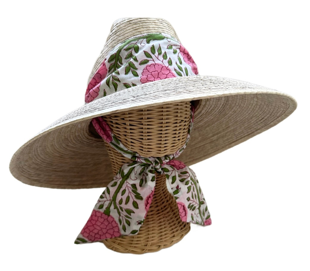 Hollyhock Sun Hat in Pink Marigold Block Print Hat Scarf