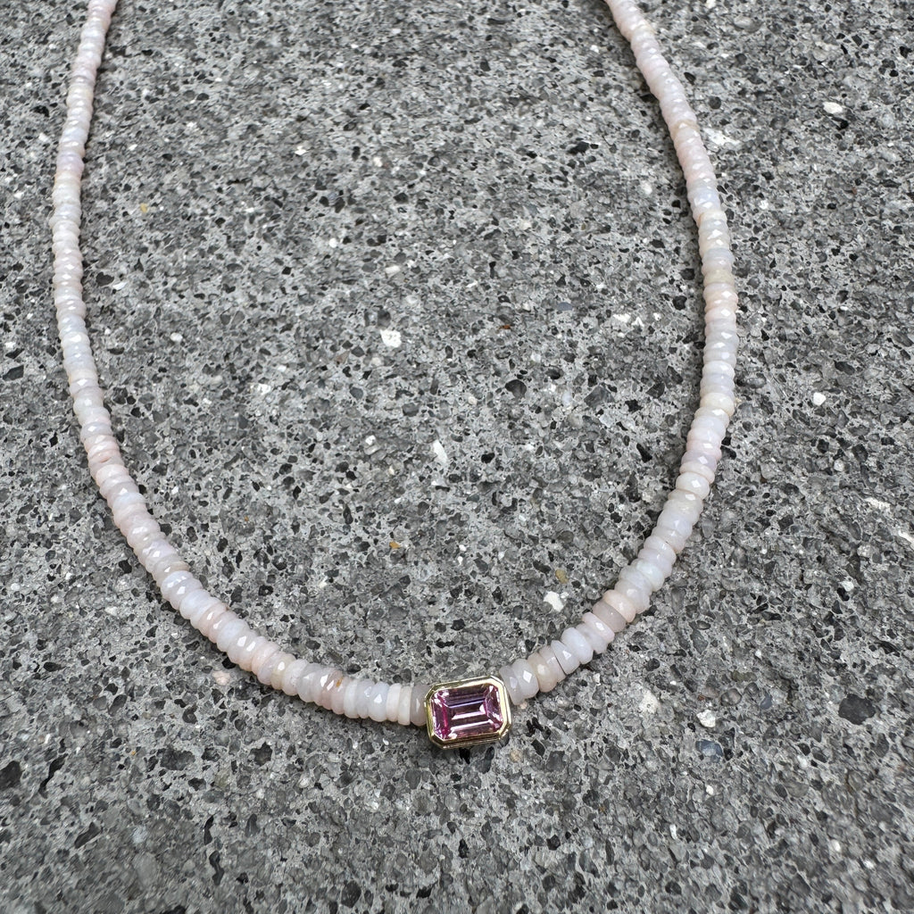 Pink Opal Heishi Necklace With Bezel Set Pink Tourmaline