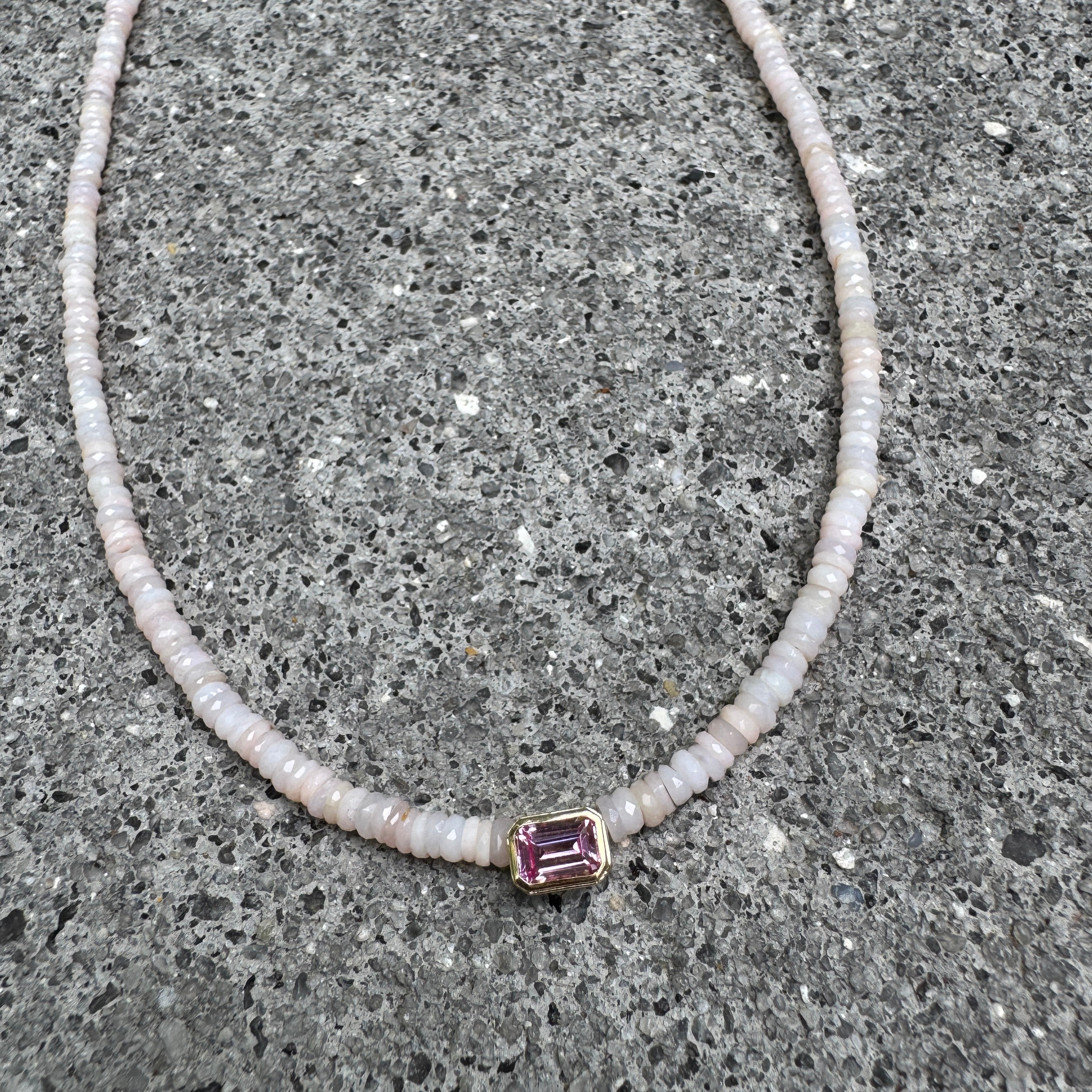 Pink Opal Heishi Necklace With Bezel Set Pink Tourmaline