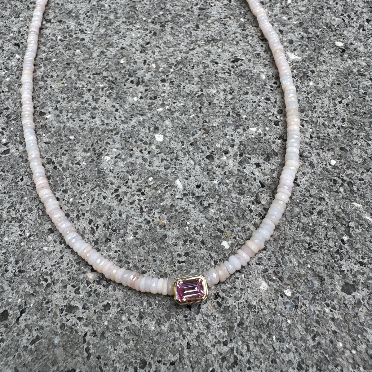 Pink Opal Heishi Necklace With Bezel Set Pink Tourmaline