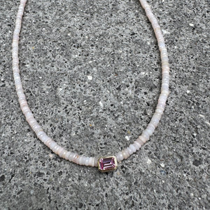 Pink Opal Heishi Necklace With Bezel Set Pink Tourmaline