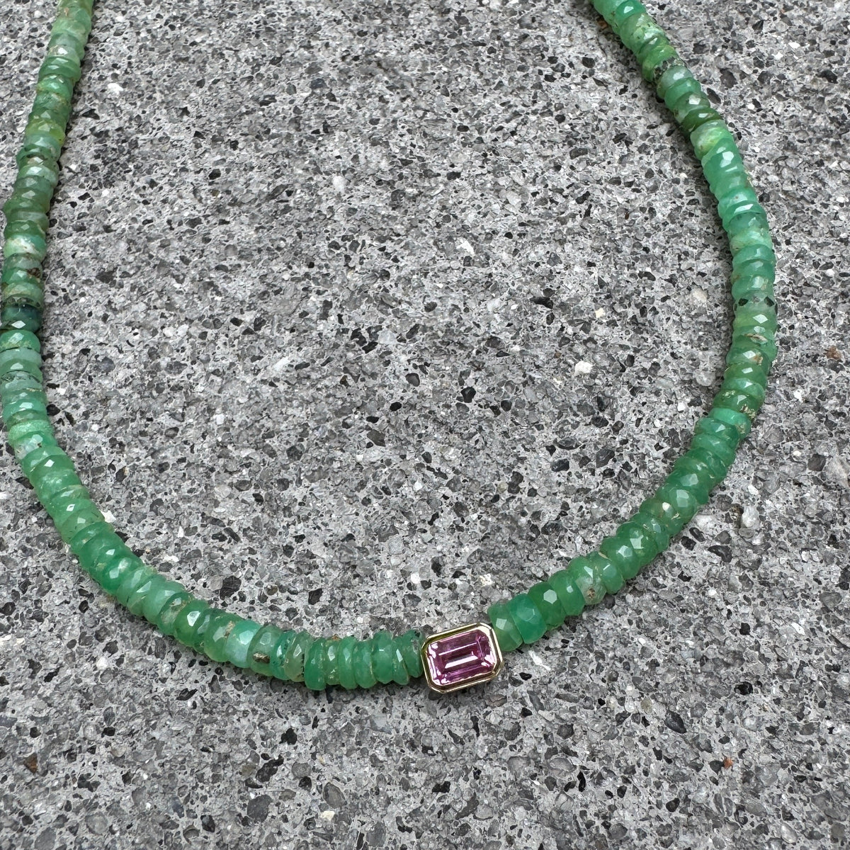 Chrysoprase Heishi Necklace With Bezel Set Pink Tourmaline