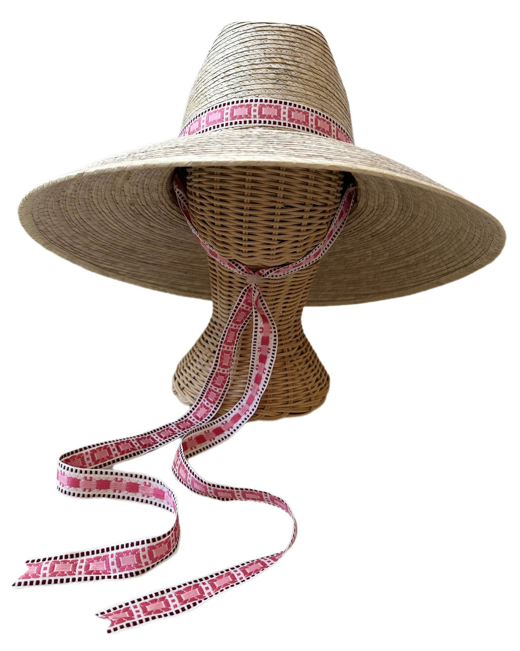 Hollyhock Sun Hat in Vintage Pink Geometric Ribbon with Rose Quartz Toggle