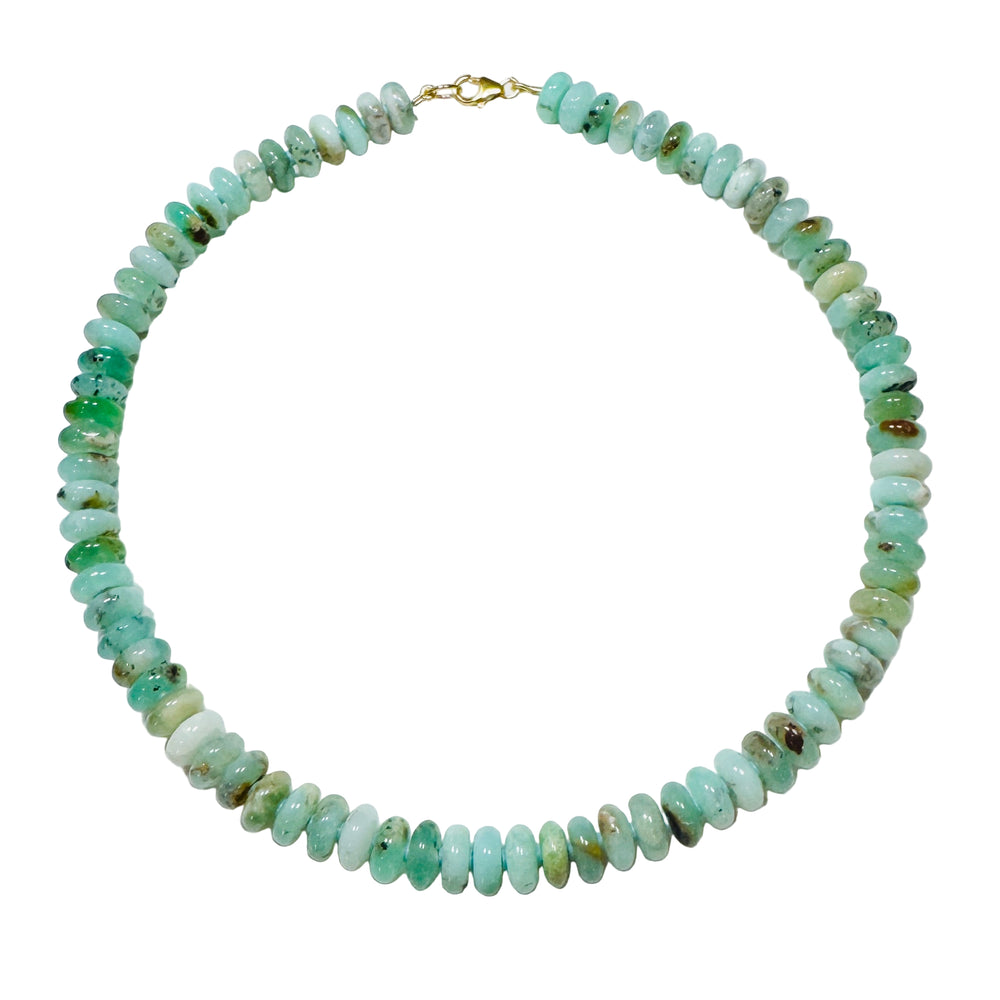 Top-down view of Mint Chocolate Chip candy necklace showcasing mint-green rondelle beads and gold lobster clasp on white background
