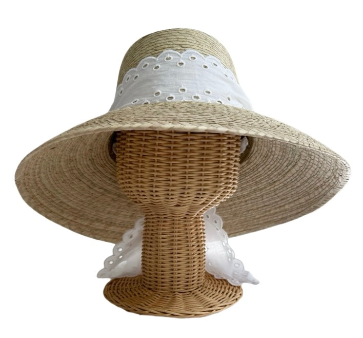 Wildflower Sun Hat in Antique Eyelet Scallop Lace Wide & Short Ribbon