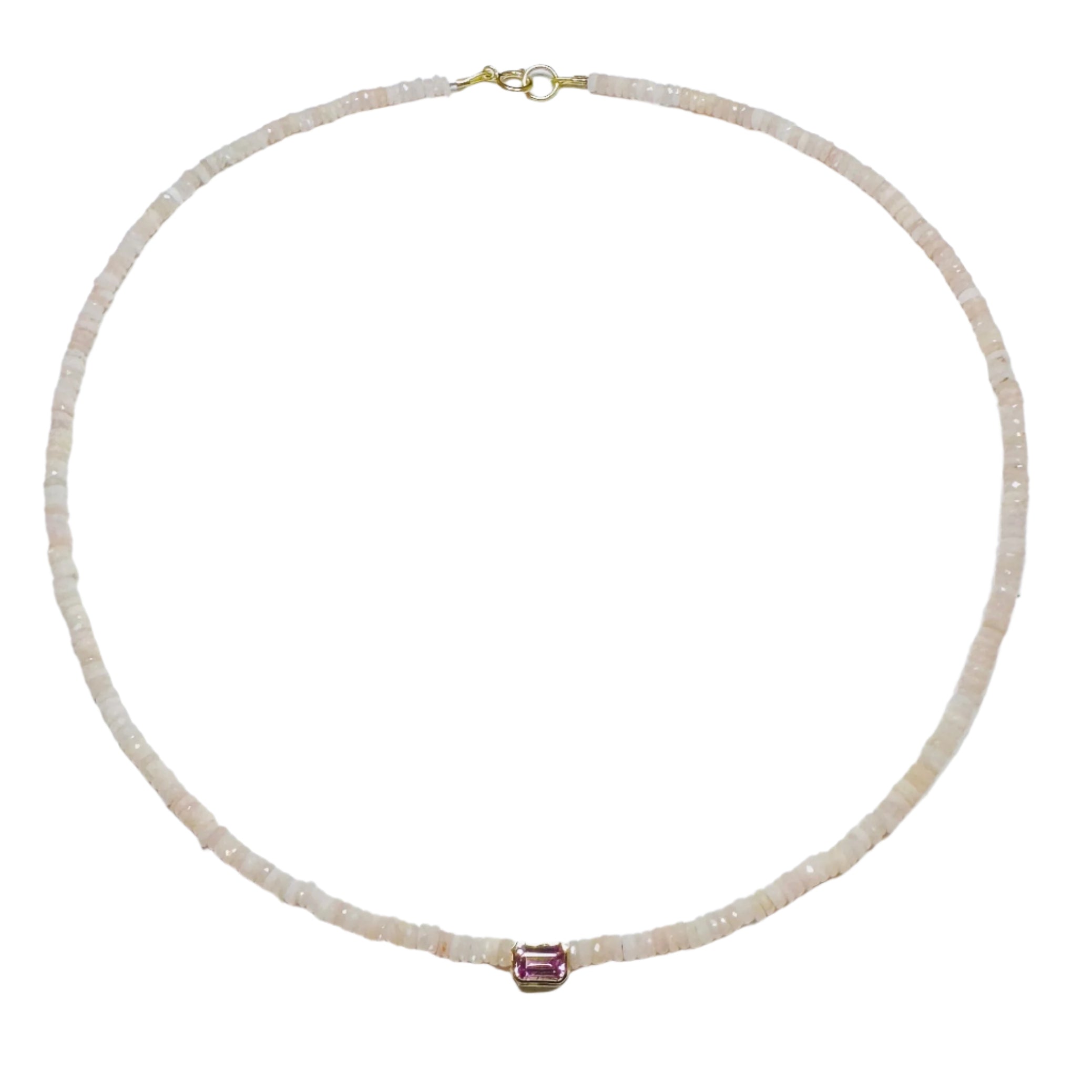 Pink Opal Heishi Necklace With Bezel Set Pink Tourmaline
