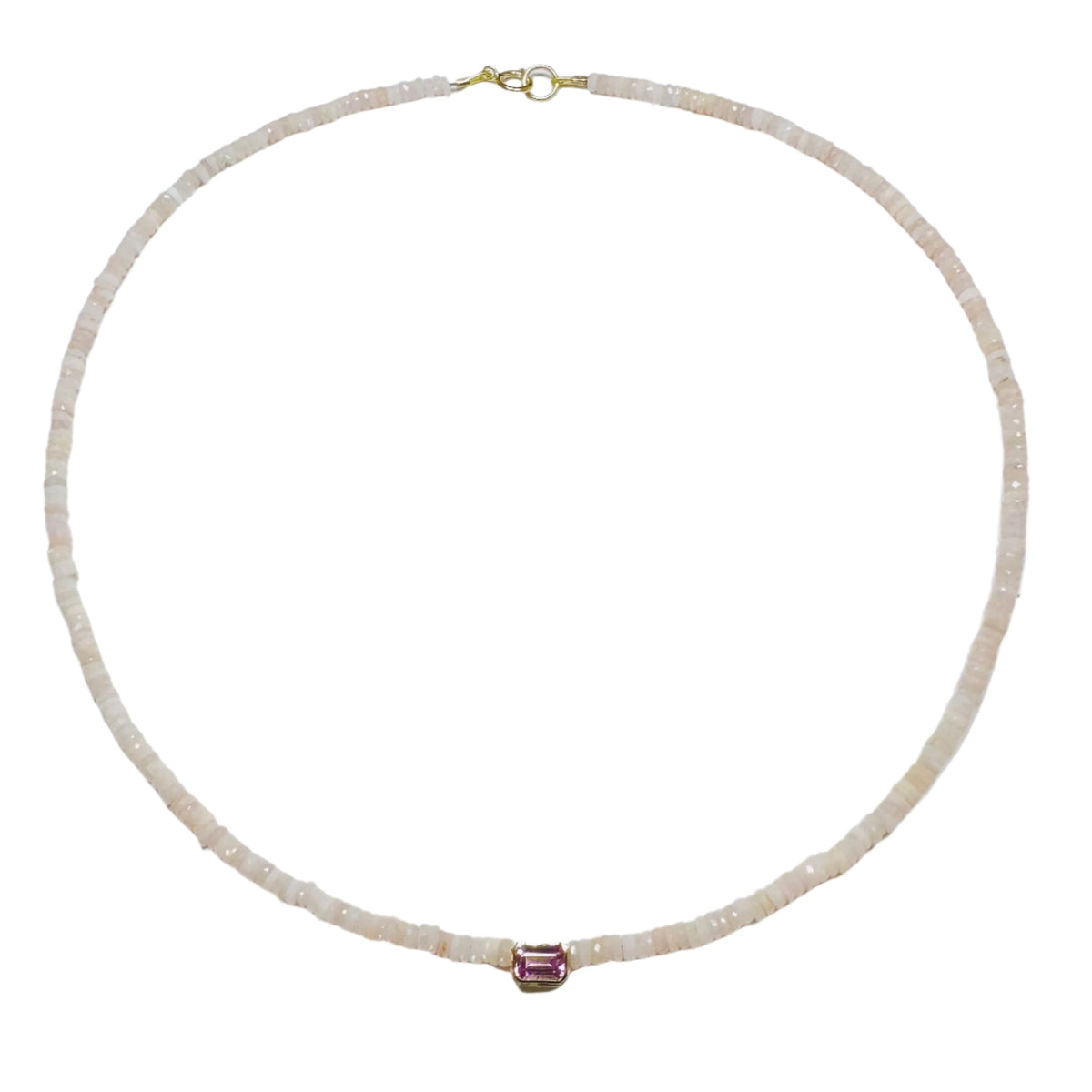 Pink Opal Heishi Necklace With Bezel Set Pink Tourmaline