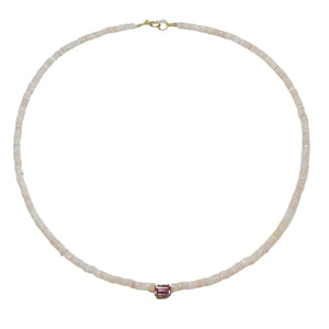 Pink Opal Heishi Necklace With Bezel Set Pink Tourmaline