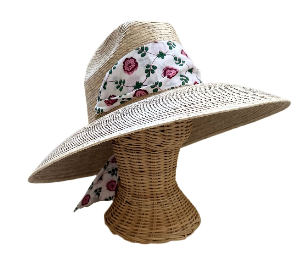 Hollyhock Sun Hat in Pink Pansy Block Print Hat Scarf
