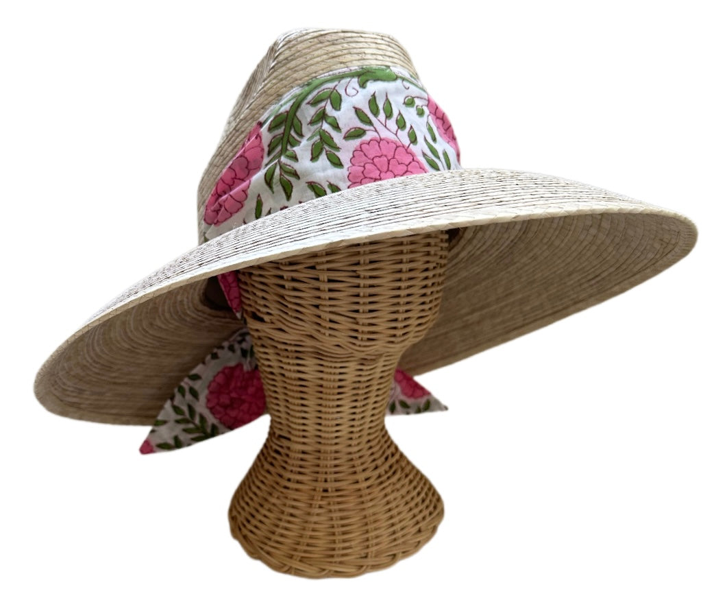 Hollyhock Sun Hat in Pink Marigold Block Print Hat Scarf