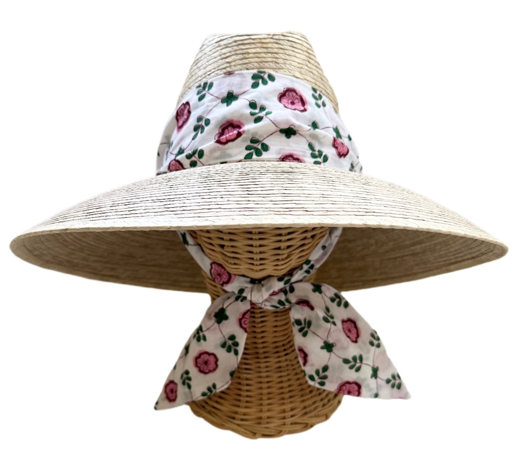 Hollyhock Sun Hat in Pink Pansy Block Print Hat Scarf