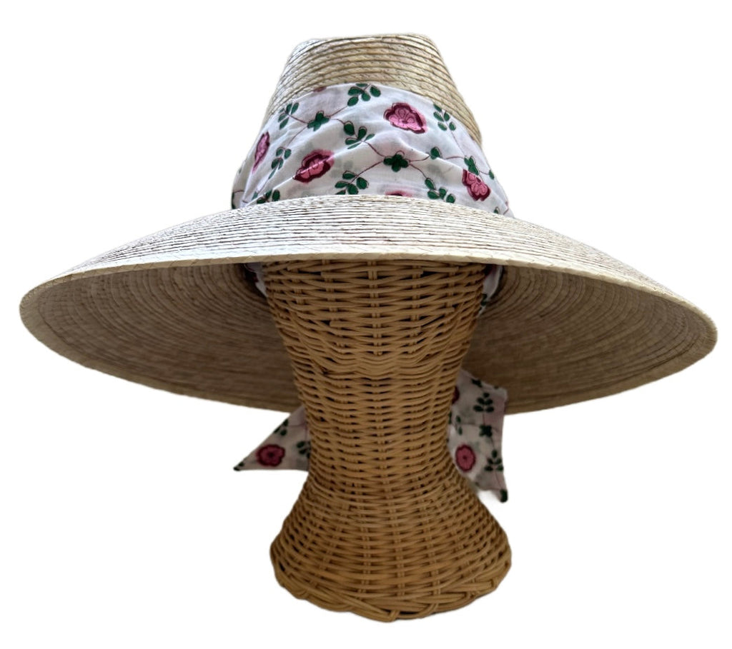 Hollyhock Sun Hat in Pink Pansy Block Print Hat Scarf