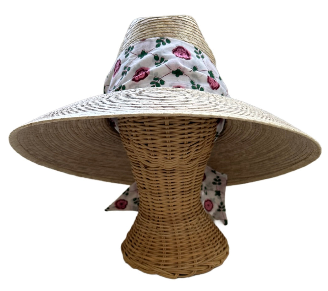 Hollyhock Sun Hat in Pink Pansy Block Print Hat Scarf