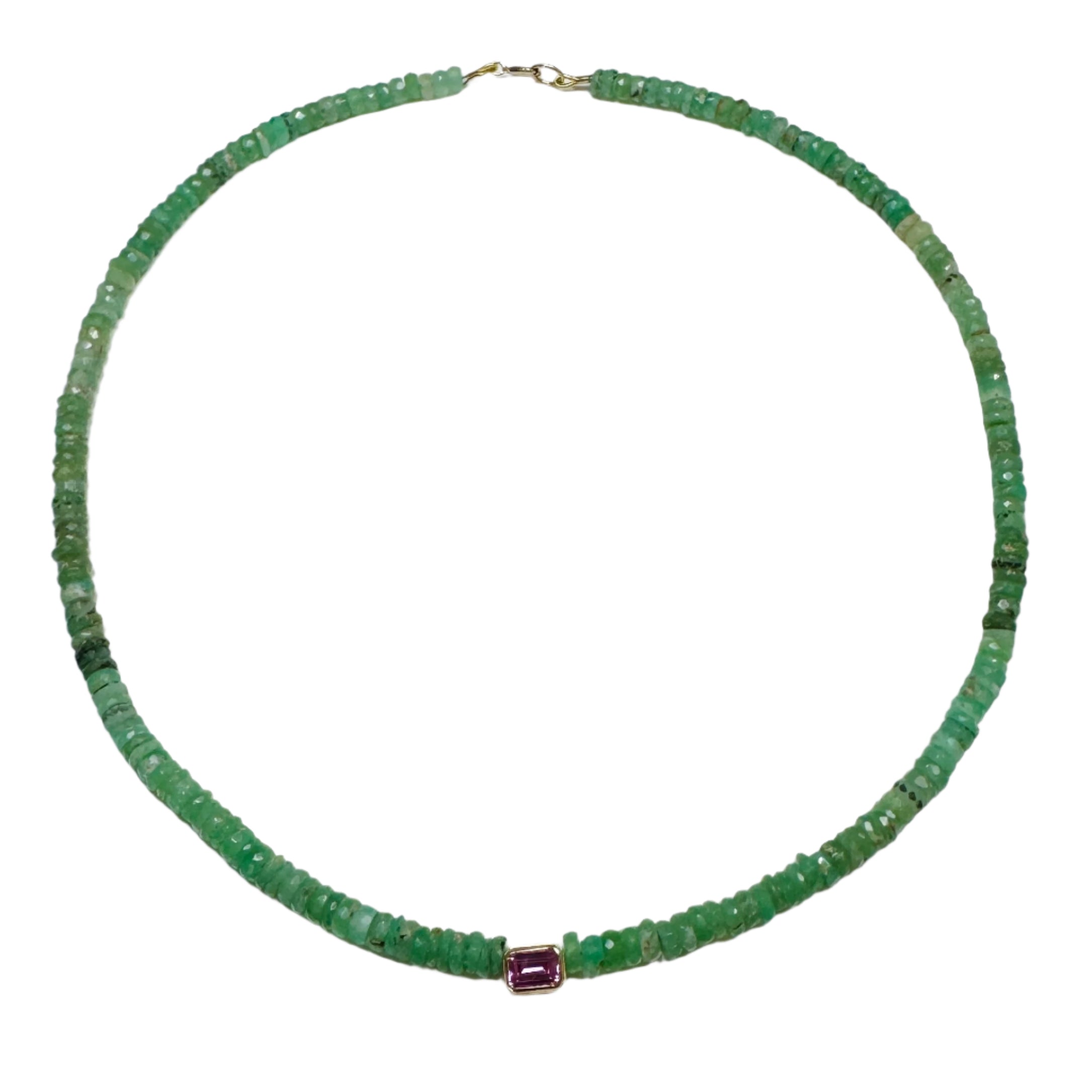 Chrysoprase Heishi Necklace With Bezel Set Pink Tourmaline