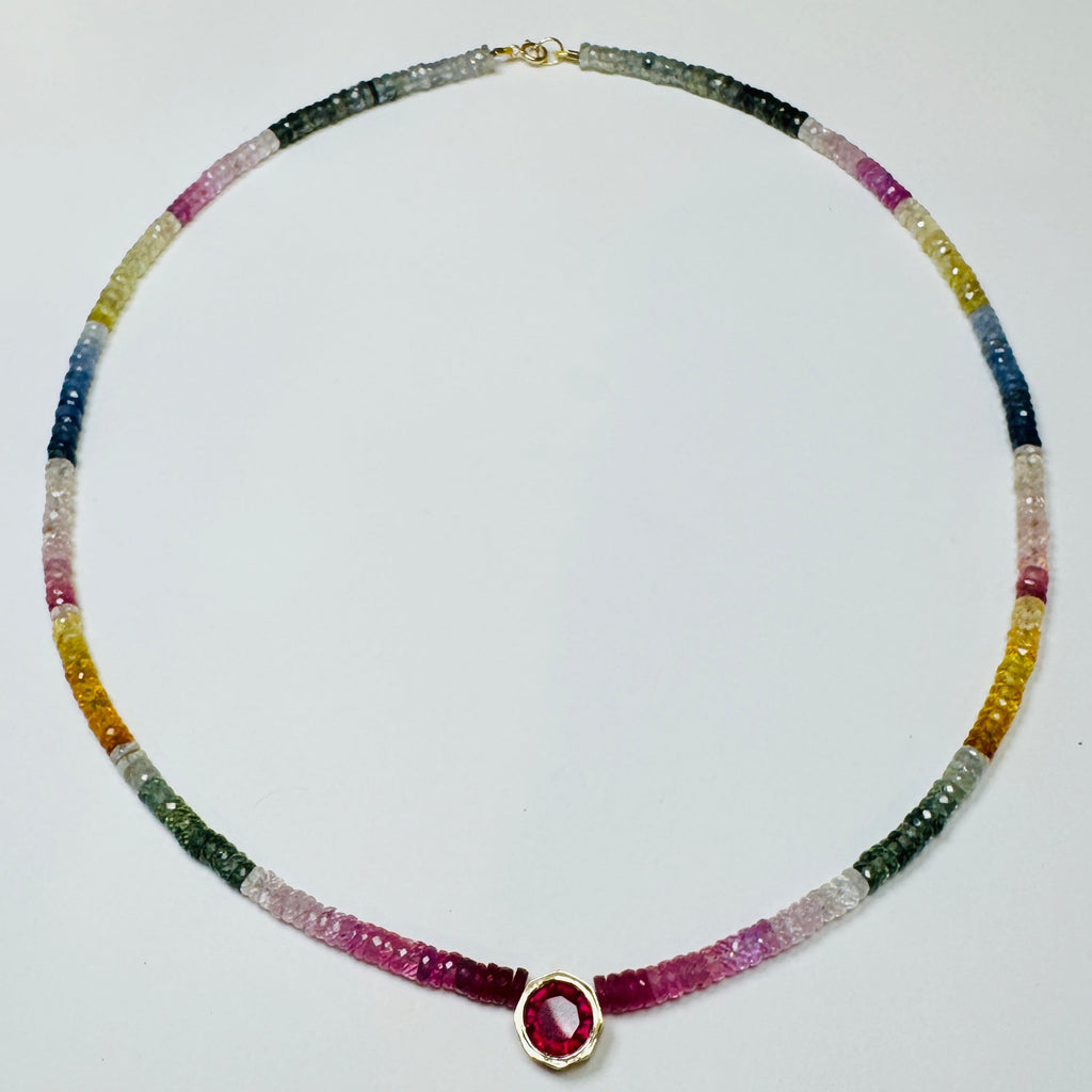 Sapphire Heishi Necklace with Ruby