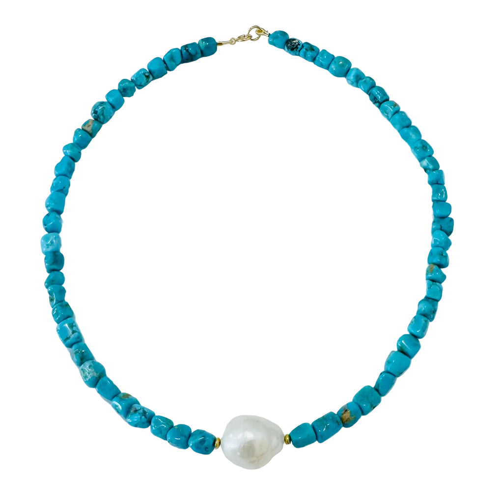 Turquoise Nugget and Pearl Necklace