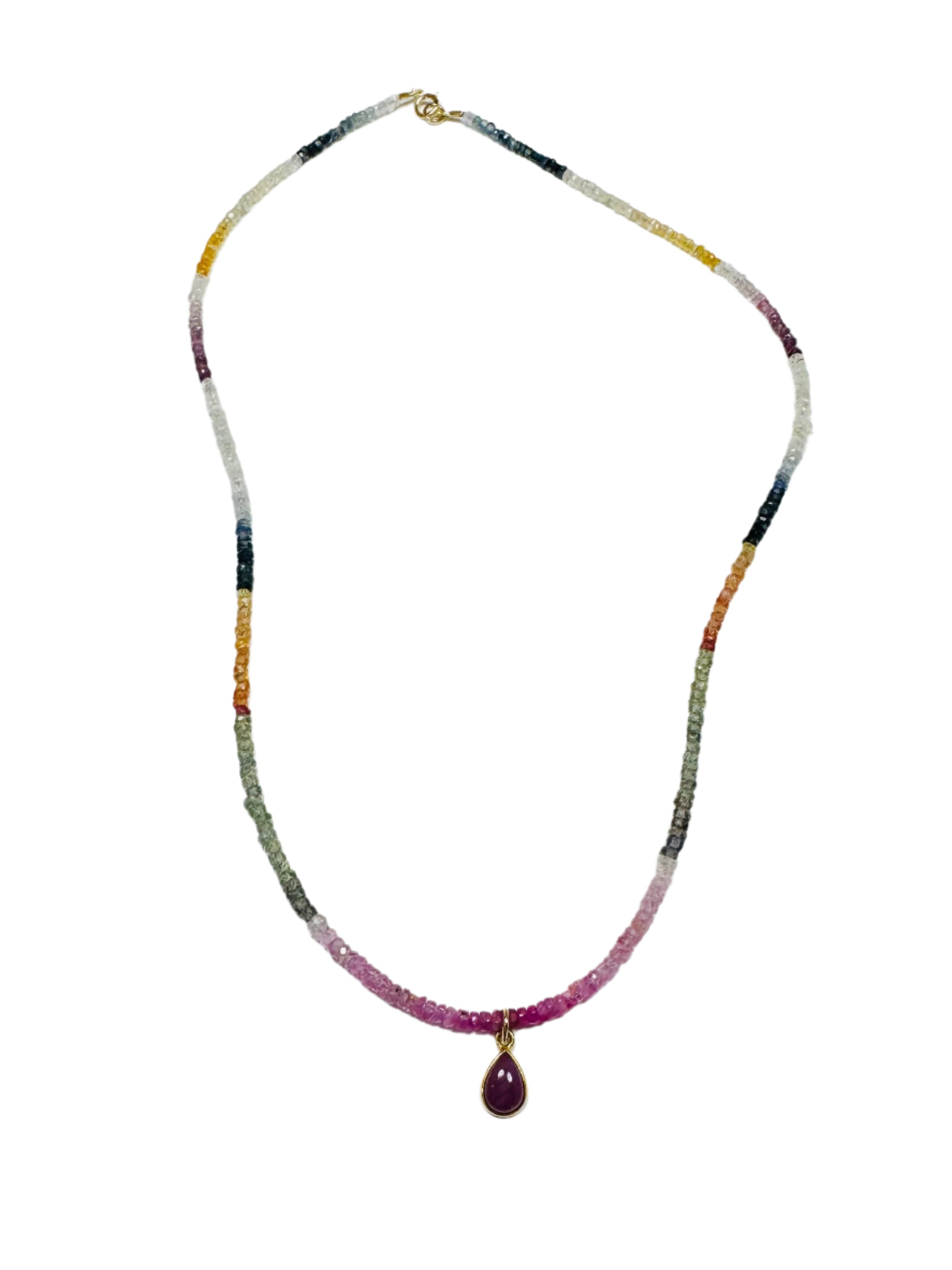 Sapphire Heishi Necklace With Ruby Bezel Charm