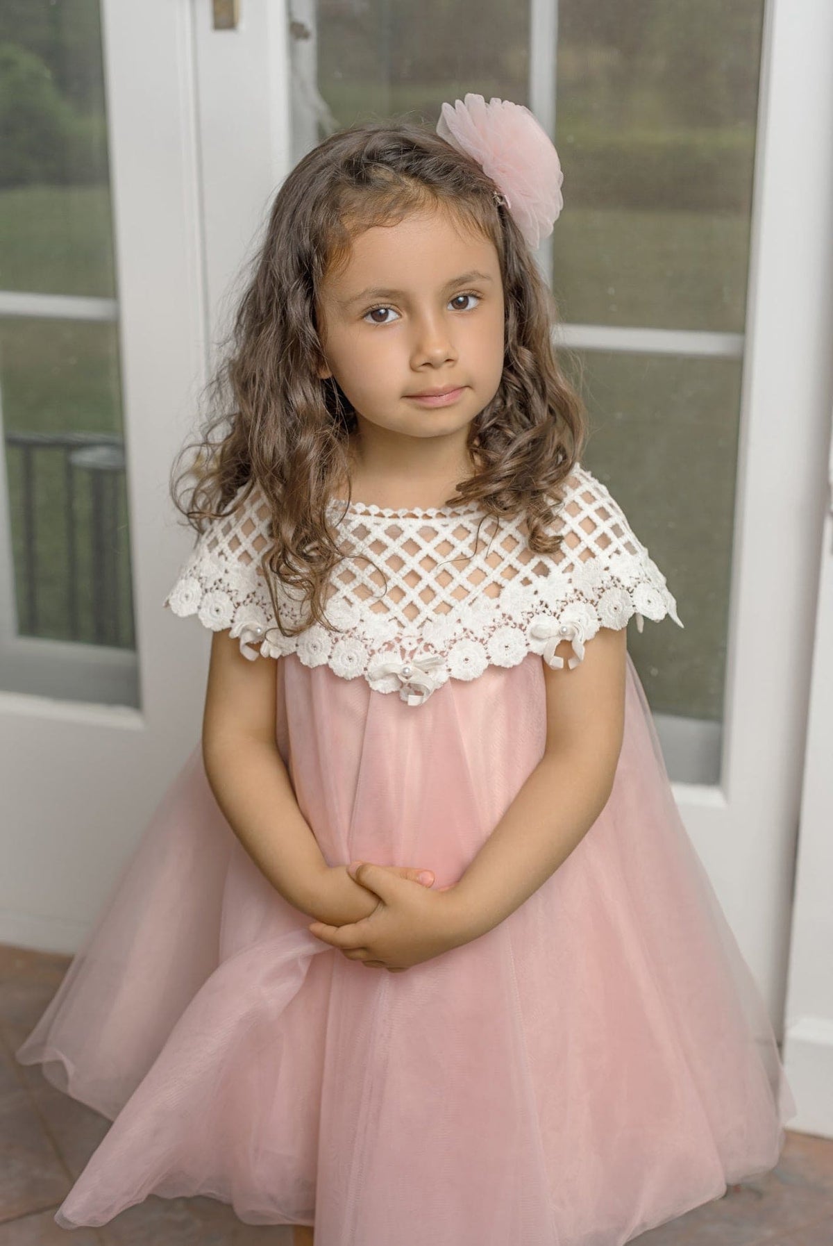 Girls pink tulle dress with lace bodice for special occasions